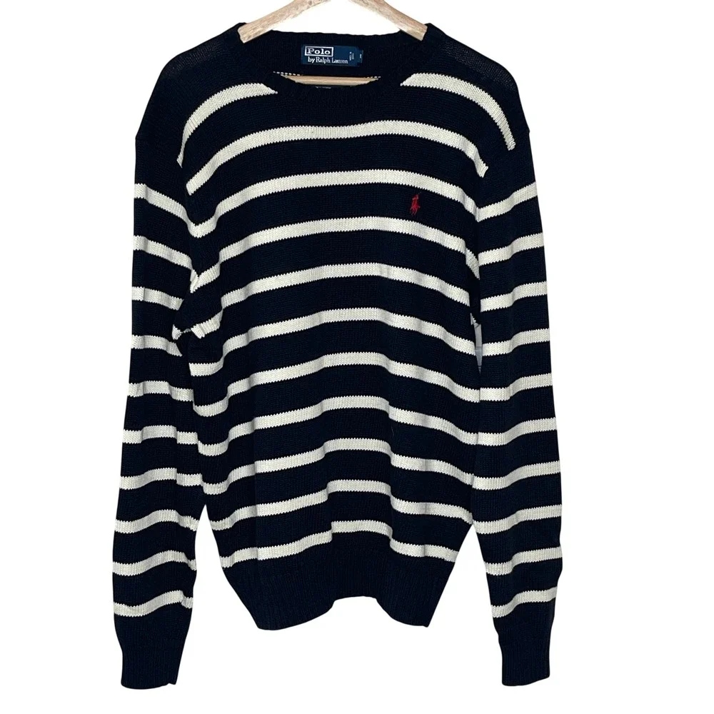 Polo Ralph Lauren Mens XL Striped Cotton Knit Crewneck Sweater‎  Black White